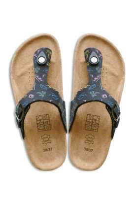 Leder & Kork Flip Flops (Schwarz mit Frühlings...